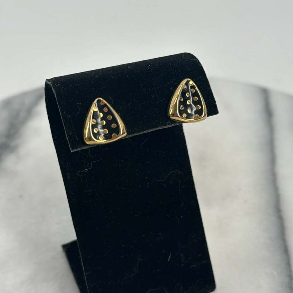 Vintage triangle gold and black polka dot stud earrings